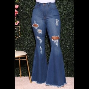 Poster Distressed High Rise Flare Jeans - Mid Wash (SIZE 2XL)